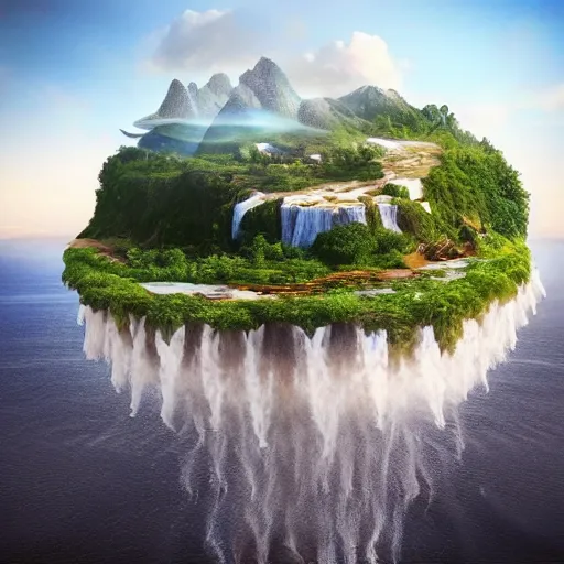 Image similar to “floating island in the sky, with a waterfalls, 4k image, award winning”