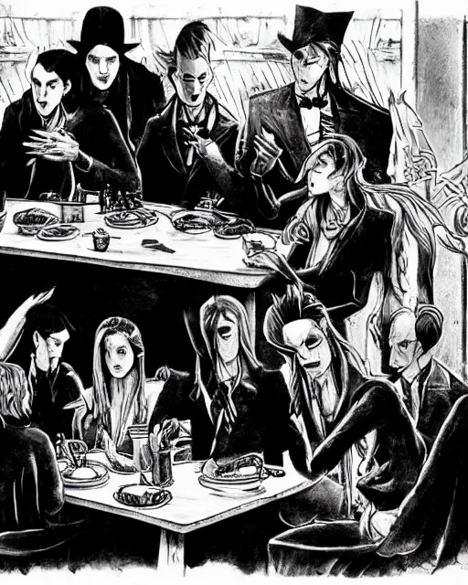 Prompt: vampires eating at their high school lunchroom, photorealistic, documentary style, nosferatu type vampires eat at their own table while the good looking twilight type vampires eat lunch at a different table, high-school cliques