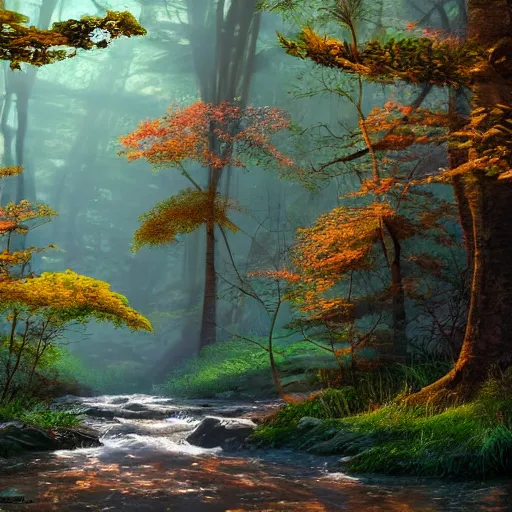 Image similar to a winding river through a dense forest, sunlight filtering through the leaves, trending on artstation