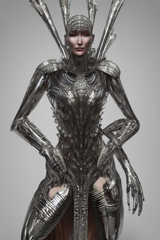 Image similar to a highly detailed 4 k render portrait of an alien goddess bella hadid in iris van herpen dress schiaparelli armor in diamonds and lots of jewelry in style of alphonse mucha trending on artstation made in unreal engine 4