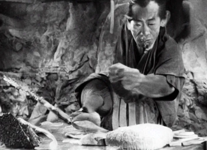 Prompt: a movie still of a samurai slicing a loaf of bread, a movie by Akira Kurosawa