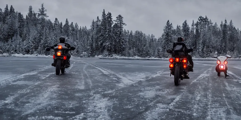 Image similar to motorcycle driving on an icy lake during winter, night time, far away