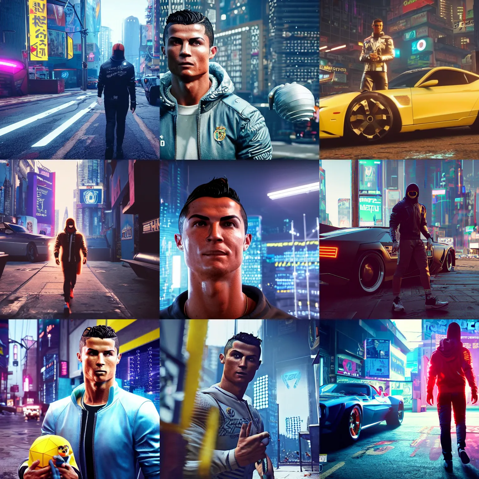 Prompt: Cristiano Ronaldo and matryoshka in cyberpunk 2077 unreal engine 5 4k ultra realistic hyperdetailed photorealism HDR