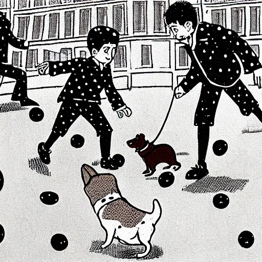 Image similar to illustration of french boy on the streets of paris playing football against a corgi, the dog is wearing a polka dot scarf, comic, 1 9 6 6