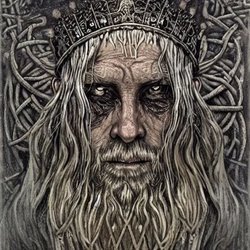 Image similar to viking north druid lich mermaid king wise old man god of death witch pagan face portrait, underwater, covered in runes, crown made of bones, necromancer, zdzisław beksinski, mikhail vrubel, hr giger, gustav klimt, symmetry, mystical occult symbol in real life, high detail