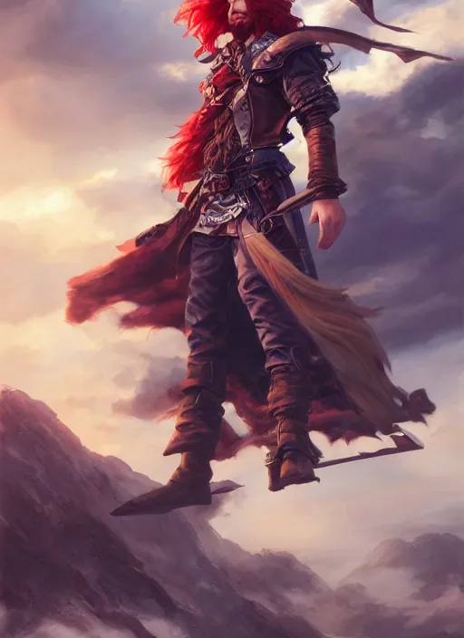 Image similar to an epic fantasy comic book style portrait painting of a long haired, red headed male sky - pirate in front of an airship, krenz cushart, unreal 5, daz, hyperrealistic, octane render, cosplay, rpg portrait, dynamic lighting