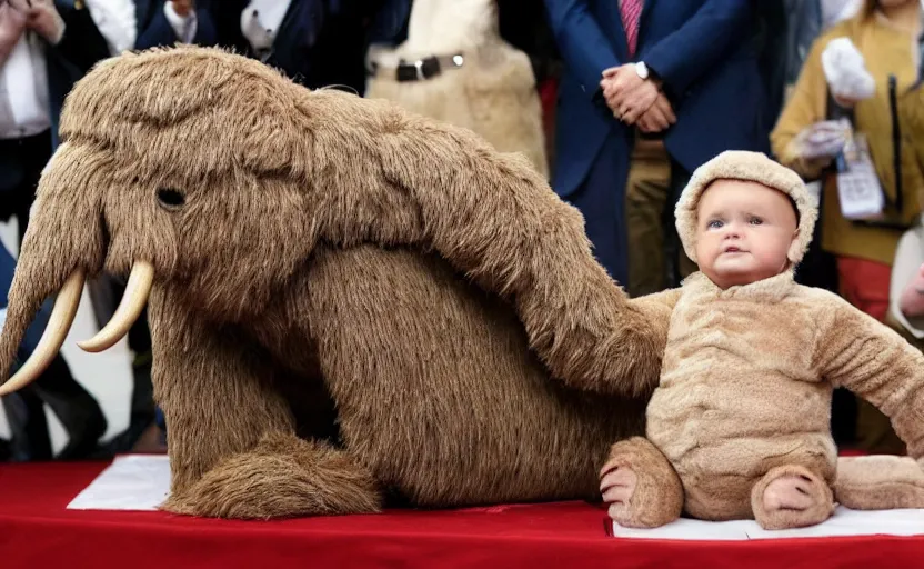 Image similar to Donald Trump in a baby mammoth costume , with an open face