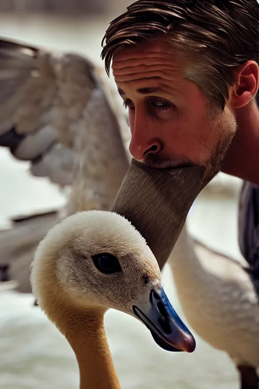 Image similar to ryan gosling fused with a goose, construction, natural light, bloom, detailed face, magazine, press, photo, steve mccurry, david lazar, canon, nikon, focus