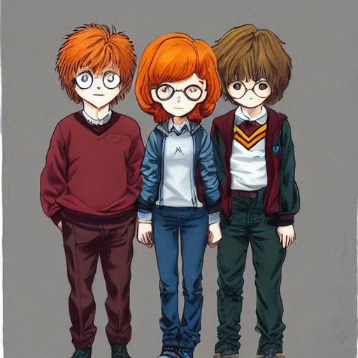 Image similar to Harry Potter, Ron Weasley, Hermione Granger, anime by Katsuhiro Otomo