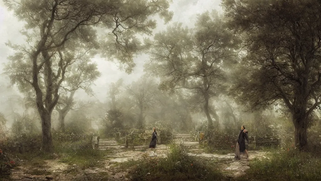 Image similar to the secret garden is barren. the hidden garden is barren. private barren garden. overcast. no flowers. weeds, sticks. andreas achenbach, artgerm, mikko lagerstedt, zack snyder, tokujin yoshioka