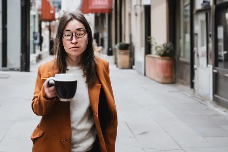 Image similar to Flim still of a woman drinking coffee, walking to work, long shot, wide shot, full shot