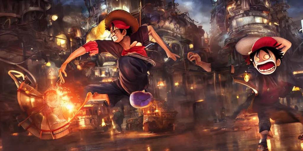 Image similar to monkey d luffy fighting aliens in a steampunk city, night, realism, 4 k, octane render, award winning photograph, epic cinematic shot, perfectly defined features, ambient occlusion
