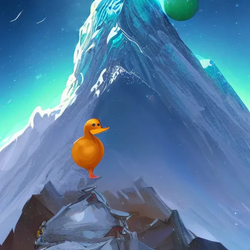 Image similar to digital art, trending on artstation, a galactic duck climbing everest underwater.