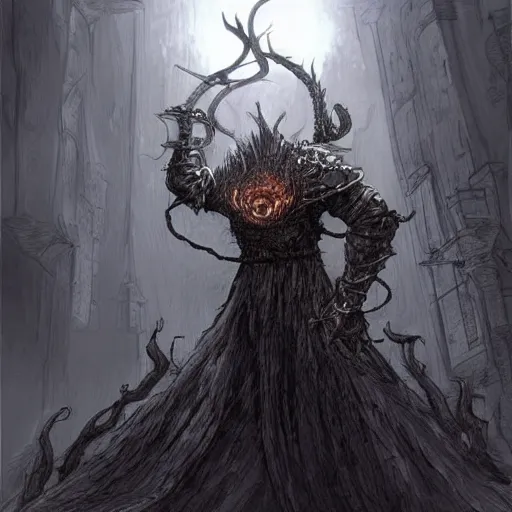 Prompt: A rabbi Dark Souls Boss. incredible concept artwork. Dark souls boss, elden ring design, dark souls style, Miyazaki style of design.