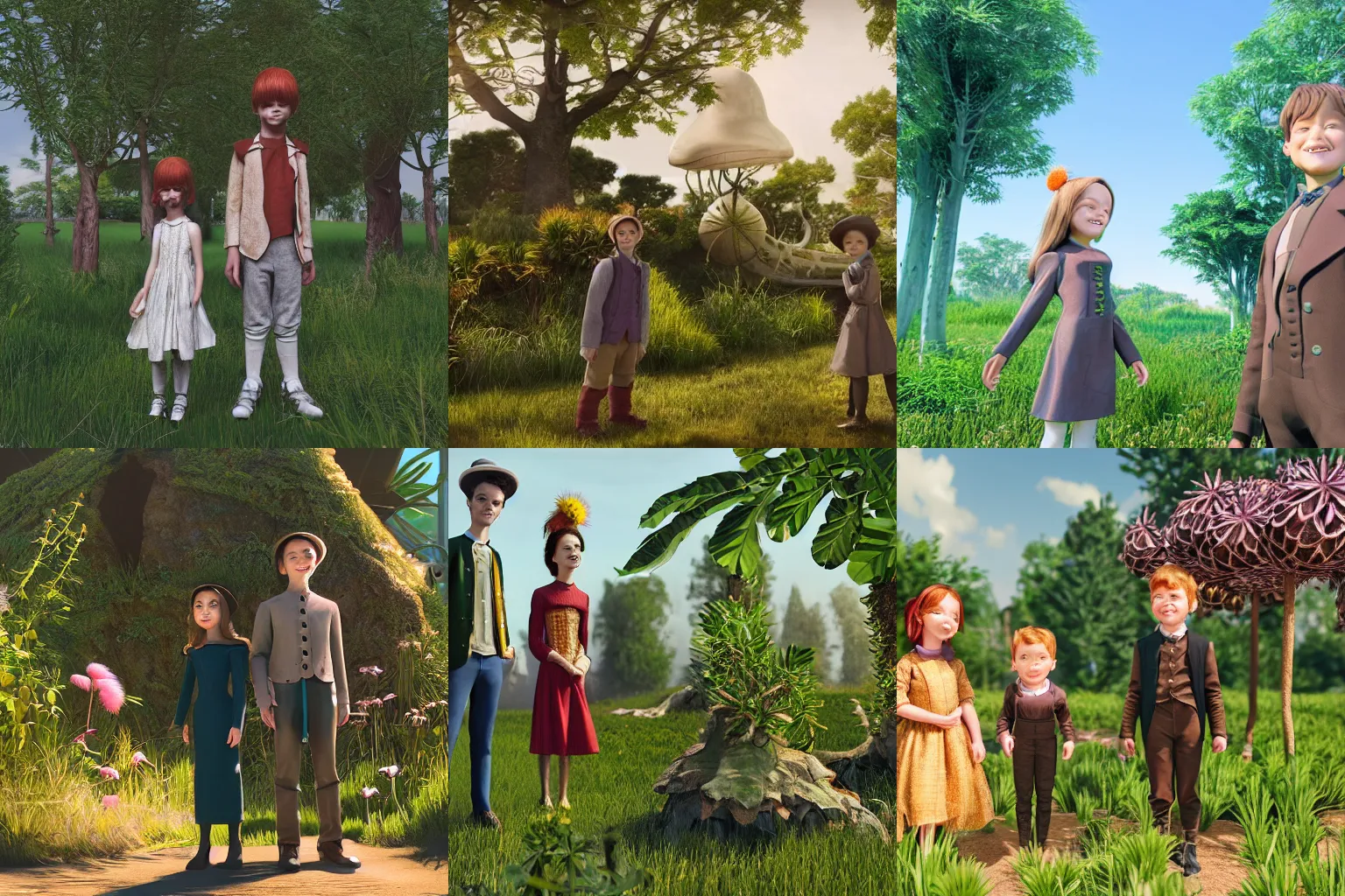 Prompt: a girl and a boy standing next to some alien plants, in a park on a alien planet, looking happy, wearing victorian clothes, realistic facial details, photorealistic raytracing