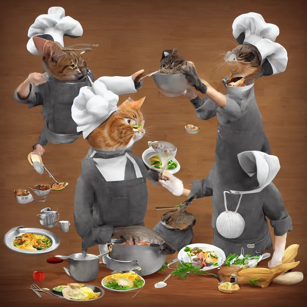 Prompt: “a cat chef named Alton Gray cooking a fish, high-definition, digital art, 8k”