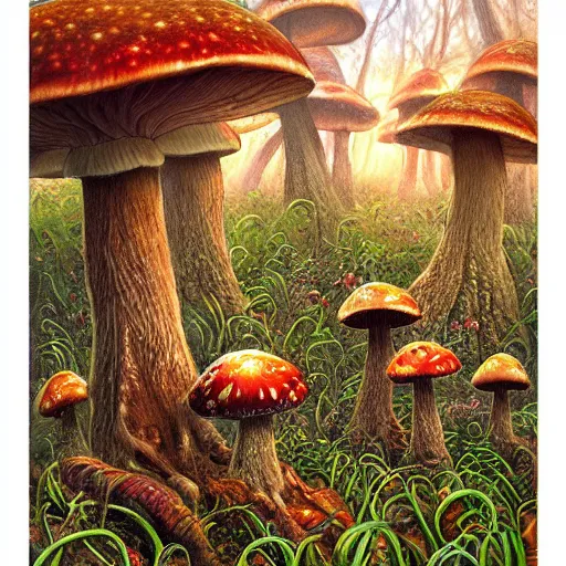 Prompt: mushroom forest drawn by ralph horsley, digital art, highly detailed, corrupted