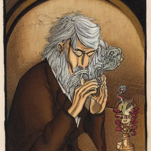 Image similar to highly detailed figure of a person with long white hair coming depicted as smoke coming out from smoking pipe, meditation, comic art, intricate, elegant.