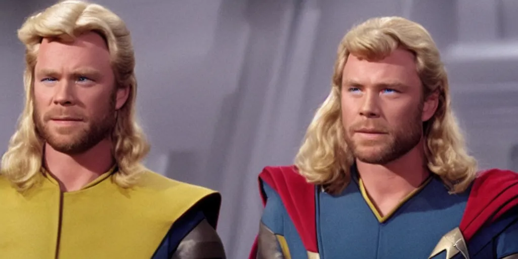 Image similar to Thor, in starfleet uniform, in the role of Captain Kirk in a scene from Star Trek the original series