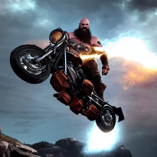 Image similar to kratos, with leviathan axe, jumping a black harley - davidson motorcycle off a cliff, cinematic render, playstation studios official media, god of war 2 0 1 8, harley - davidson