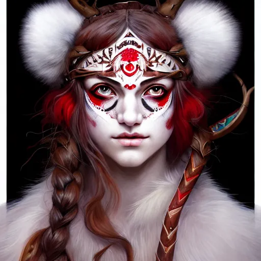 Image similar to Portrait of Aurora Aksnes dressed as Princess Mononoke with red facepaint under her eyes, white fur, face, fantasy, intricate, elegant, highly detailed, digital painting, artstation, concept art, smooth, sharp focus, illustration, art by Fernanda Suarez and Artem Demura and alphonse mucha