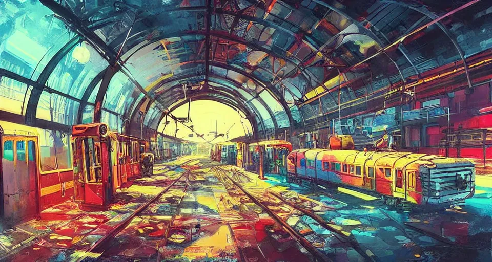 Image similar to (((a post-apocalyptic train station))) by Tokyo Genso!!!!!!!!!!!!!!!!!!!!!!!!!, bold colors, vivid colors, vivid color scheme, volumetric lighting