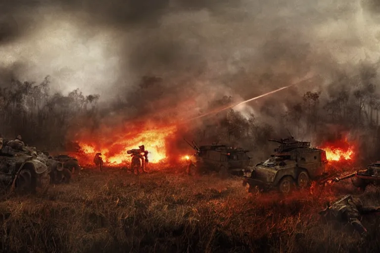 Image similar to chaotic battlefield, multiple soldiers on the ground!, thick dark smoke!, vehicles on fire, heavy rain from thick clouds, storm, overgrowth, (mushroom cloud) in the background, bleak, melancholy atmosphere, band of brothers, bf1942, 4k artwork by Gregory Crewdson and Grzegorz Domaradzki and Ivan Shishkin and Jakub Rozalski