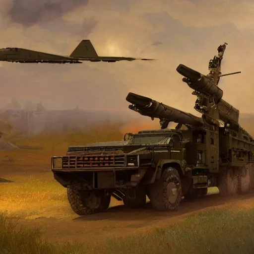 Image similar to himars rockets hitting russian base digital painting, artstation, concept art, soft light, hdri, smooth, sharp focus, illustration, fantasy, intricate, elegant, highly detailed, D&D, matte painting, in the style of Greg Rutkowski and Alphonse Mucha and artemisia, 8k, highly detailed, jurgens, rutkowski, bouguereau, pastoral, rustic, georgic