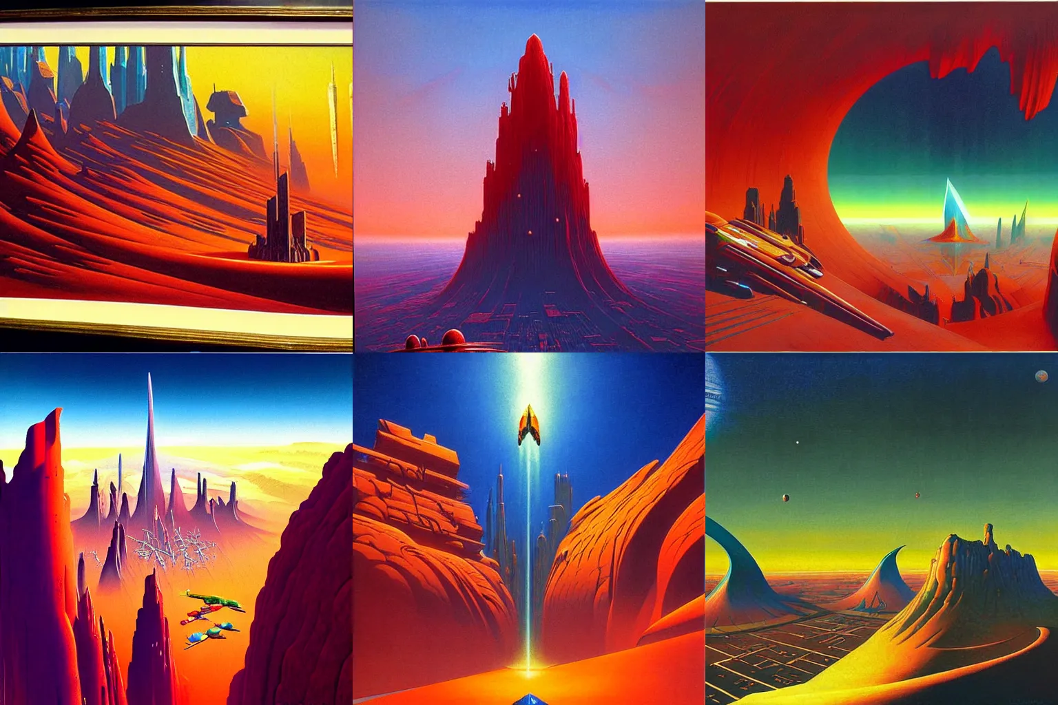 Prompt: cloisonnism painting of megacity one from judge dredd in no mans sky masterpiece syd - mead moebius bekskinski
