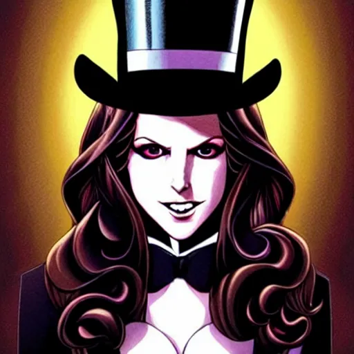 Image similar to beautiful Anna Kendrick Zatanna DC Comics on stage, wearing a top hat, symmetrical face symmetrical eyes, beautiful smile, intricate details, atmospheric, art by eiichiro oda, Joshua Middleton art