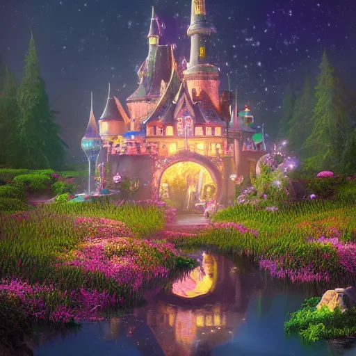 Image similar to a single glittering fairy castle at night, a full moon, water and colourful flowers, extremely detailed oil painting, unreal 5 render, fantasy digital art, octane render, beautiful composition, trending on artstation, award-winning photograph, masterpiece