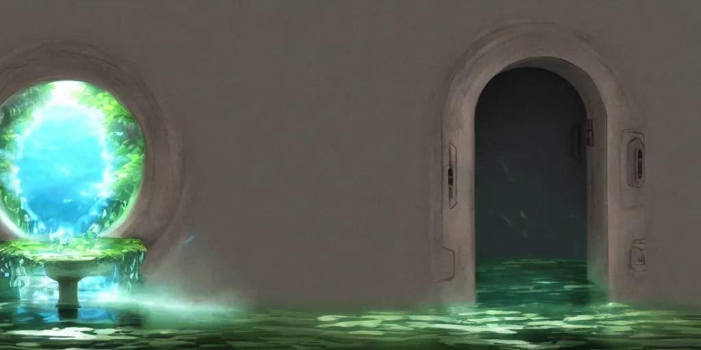 Image similar to a cell - shaded studio ghibli concept art study of a dimensional portal doorway. water is flowing out of the portal. very dull colors, hd, 4 k, hq