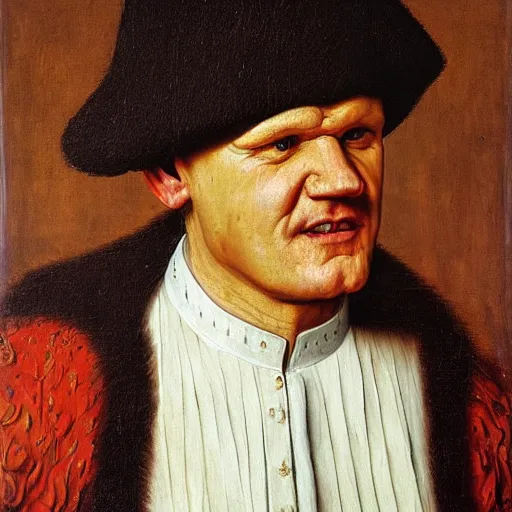 Image similar to portrait of gordon ramsay, oil painting by jan van eyck, northern renaissance art, oil on canvas, wet - on - wet technique, realistic, expressive emotions, intricate textures, illusionistic detail