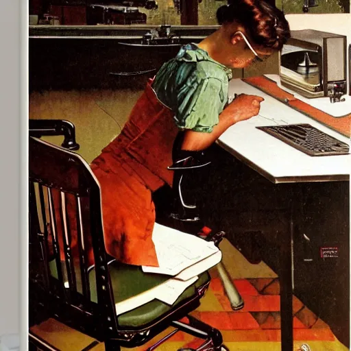 Prompt: painting of a person working on a computer, painting by Norman Rockwell