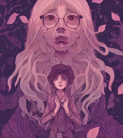 Image similar to portrait, nightmare anomalies, leaves with howl by miyazaki, violet and pink and white palette, illustration, kenneth blom, mental alchemy, james jean, pablo amaringo, naudline pierre, contemporary art, hyper detailed