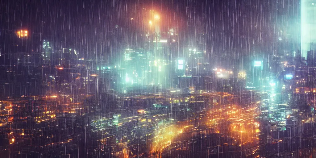 Image similar to a beautiful photo of a scifi scity at night seen behind a large windowpane with rain drops on it, cinematic, high definition, 8k, octane render, trending on artstation