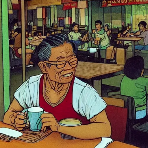 Image similar to concept art of an old singaporean man wearing a singlet drinking coffee in a hawker centre, by moebius