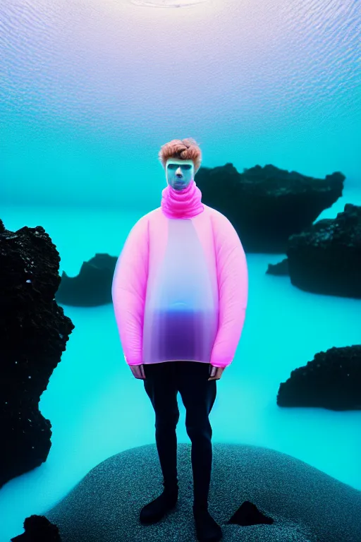 Image similar to high quality pastel coloured film mid angle portrait photograph of a beautiful young 2 0 year old male, soft features, short hair, perspex mask and oversized inflated clothing!!!! icelandic black! rock pool environment. atmospheric three point light. photographic. art directed. ( pastel colours ). volumetric. clearcoat. waves. 8 k. filmic.