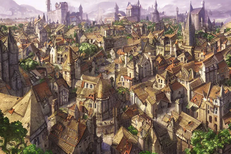 Image similar to medieval city landscape, beautiful, artstation trending, deviantart, highly detailed, focus, smooth, by hirohiko araki, yoshitaka amano