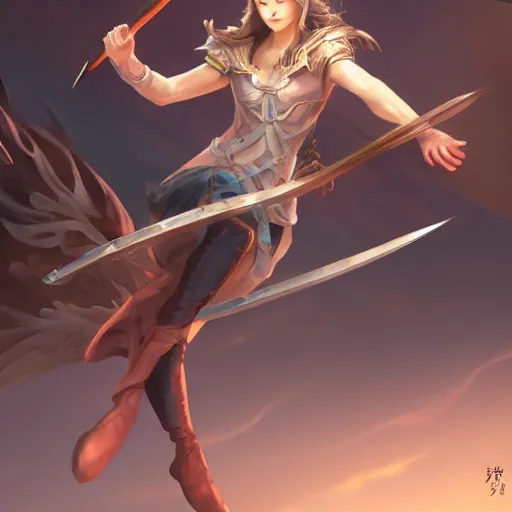 Image similar to a woman flying through the air while holding onto a sword, concept art by yi inmun, featured on polycount, dau - al - set, high resolution, glorious, official art