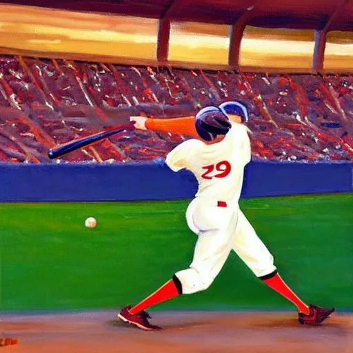 Image similar to baseball player hitting the ball with the baseball bat in the middle of the game and in front of everyone in the stadium, james gurney painting style