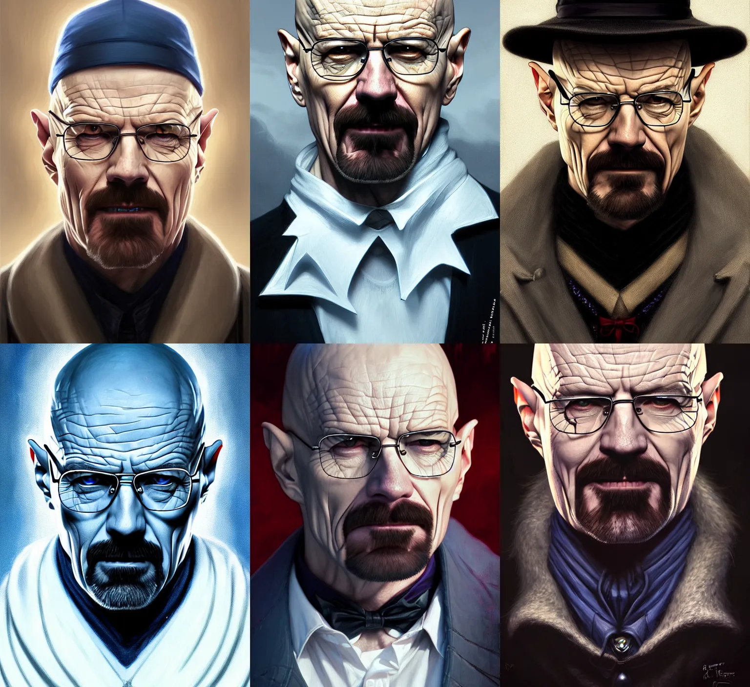 Prompt: portrait of vampire walter white showing his fangs, fangs are blue, d & d, fantasy, intricate, elegant, highly detailed, digital painting, artstation, concept art, smooth, sharp focus, illustration, art by artgerm and greg rutkowski and alphonse mucha