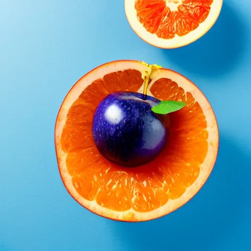 Prompt: a blue apple in a bowl of oranges, top view, white background