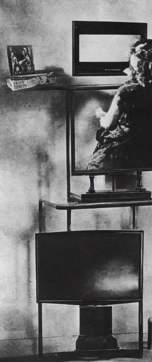 Image similar to 1 9 0 0 s photo of a person watching a flat screen hd tv