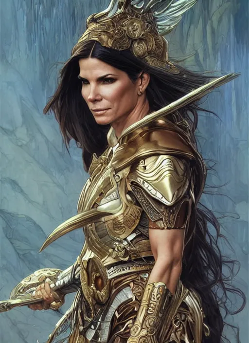 Prompt: Sandra Bullock as a beautiful warrior woman, fantasy, intricate, elegant, highly detailed, centered, digital painting, artstation, concept art, smooth, sharp focus, illustration, art by artgerm and donato giancola and alphonse mucha