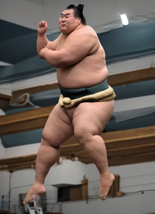 Prompt: A Sumo wrestler jumps 10 feet into the air in the dojo and is going to crash, dynamic lighting