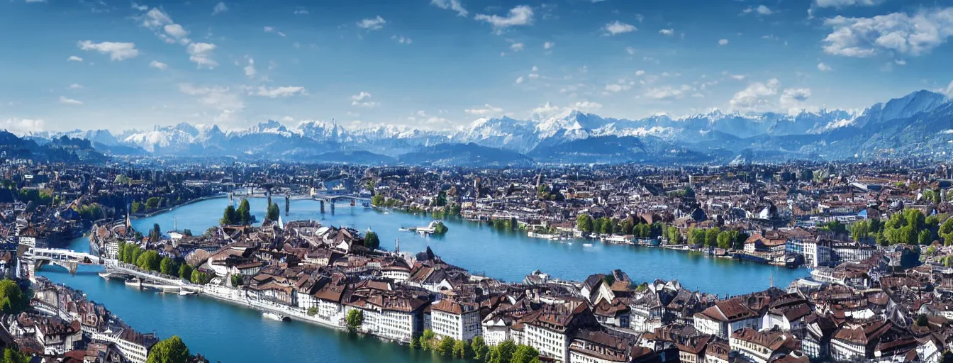 Prompt: Photo of Zurich, looking down the Limmat and the lake and the alps, wide angle, volumetric light, hyperdetailed, light blue water, artstation, cgsociety, 8k