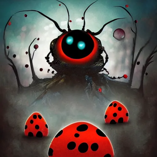 Image similar to ladybug as a monster, visual art style, scary atmosphere, nightmare - like dream