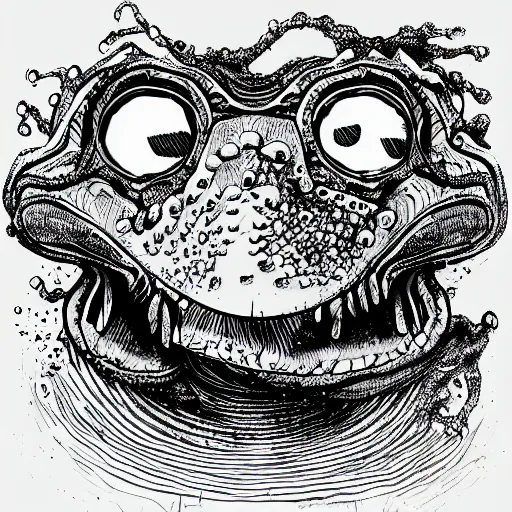 Prompt: deep camouflage angry toad evil eyes poking out eyes from under the water ultra sharp blur background simple background psychedelic contour ink drawing gustave dore cinema 4d