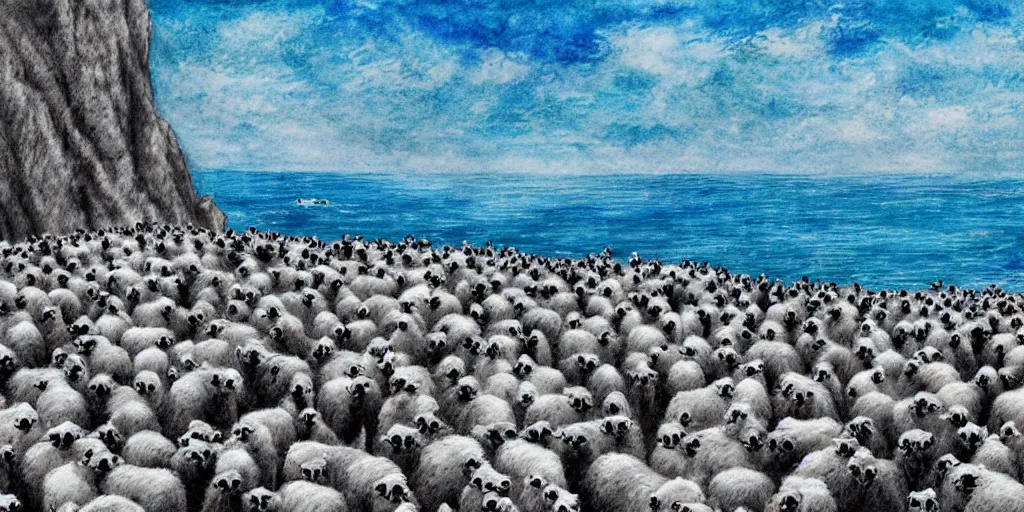 Prompt: forty five white sheep running fast in the direction of a cliff made of jagged rock and we can see them falling like lemmings down the rocks below to the sea and facing the crashing white waves, there is one single black sheep going against the crowd, clear blue skies, old colored sketching, back panoramic shot